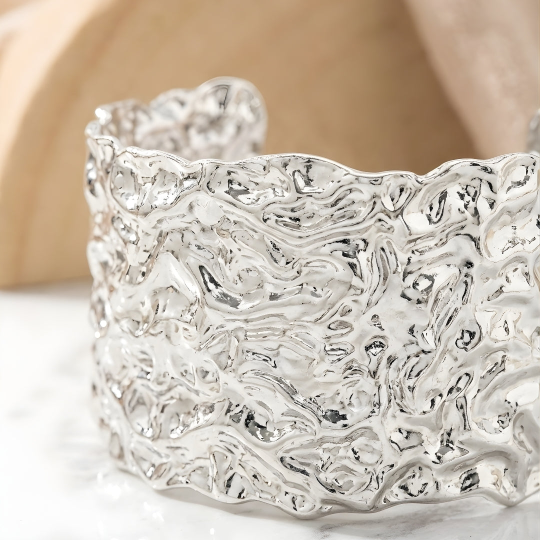 Silver Ripple Wide Cuff Steel Bracelet