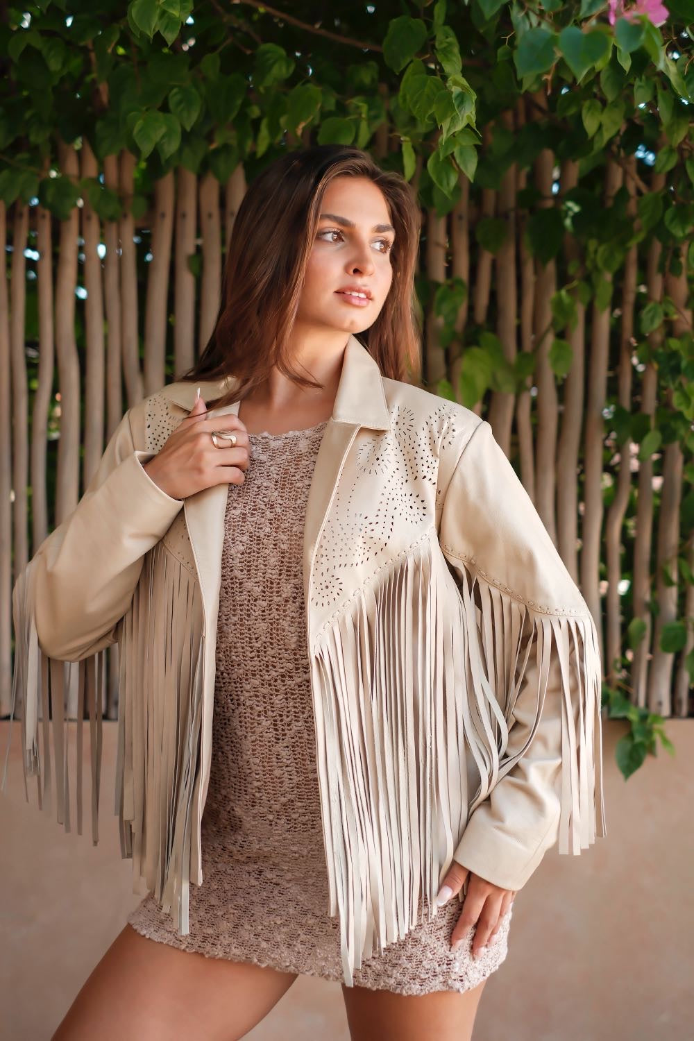 Cream fringe leather jacket for women in Australia. Premium goat leather with boho western styling, laser cut details, and handcrafted fringe.