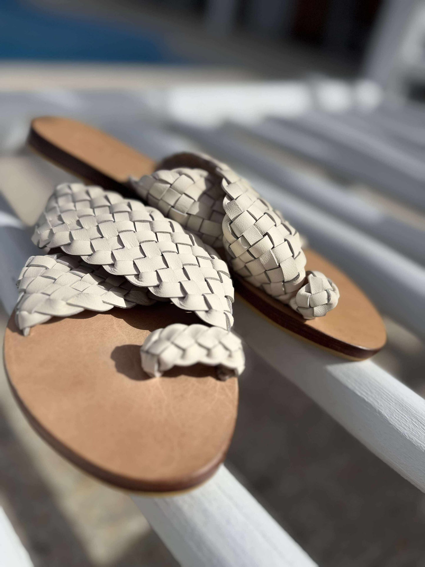 Salttrack Woven Slide | Cream Leather Toe Loop Sandal
