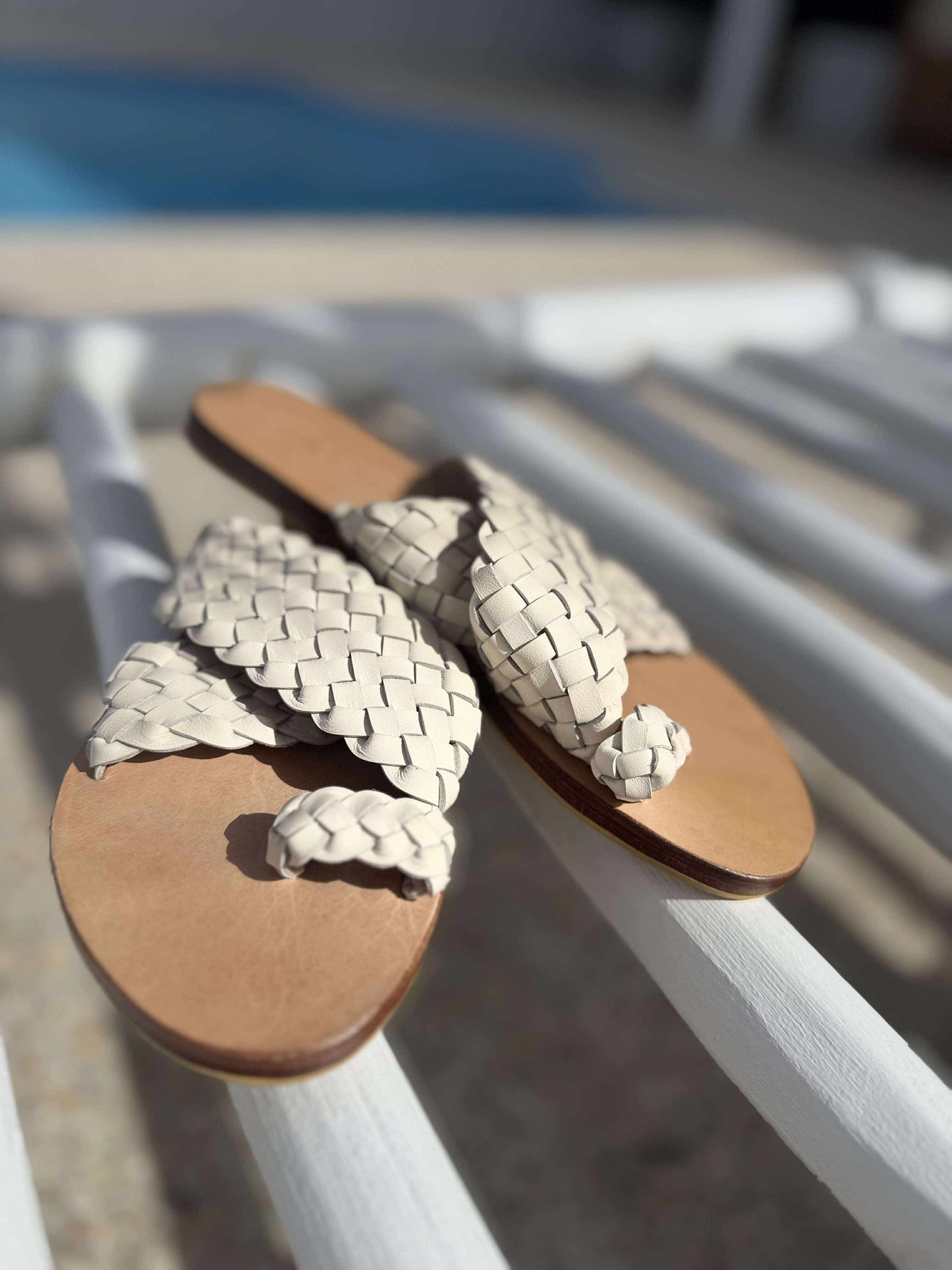 Salttrack Woven Slide | Cream Leather Toe Loop Sandal