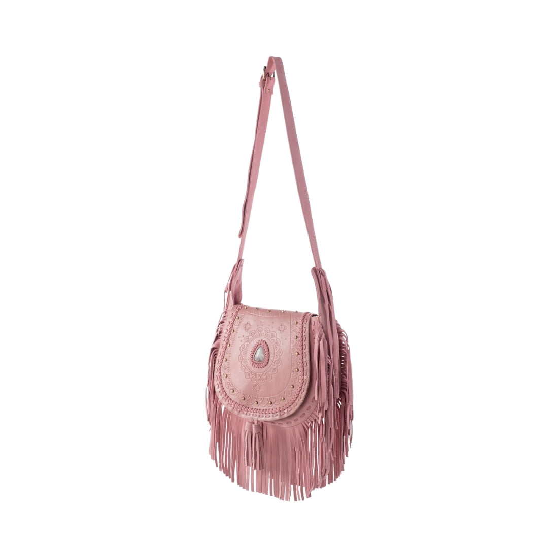 Artisan pink leather fringe purse with turquoise stone and adjustable strap, perfect for festivals and everyday wear