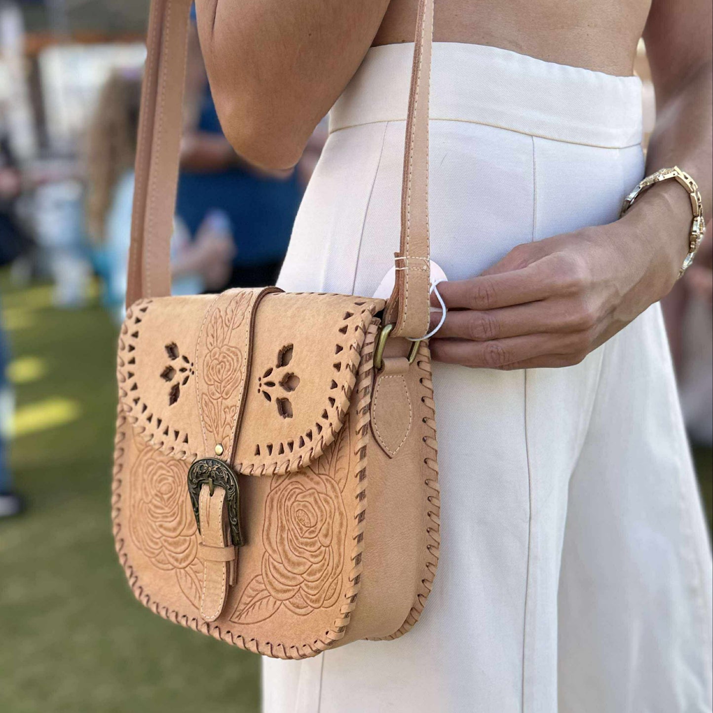 Hand-tooled leather shoulder bag with floral design, "Desert Rose," vintage-inspired, boho-style bag.
