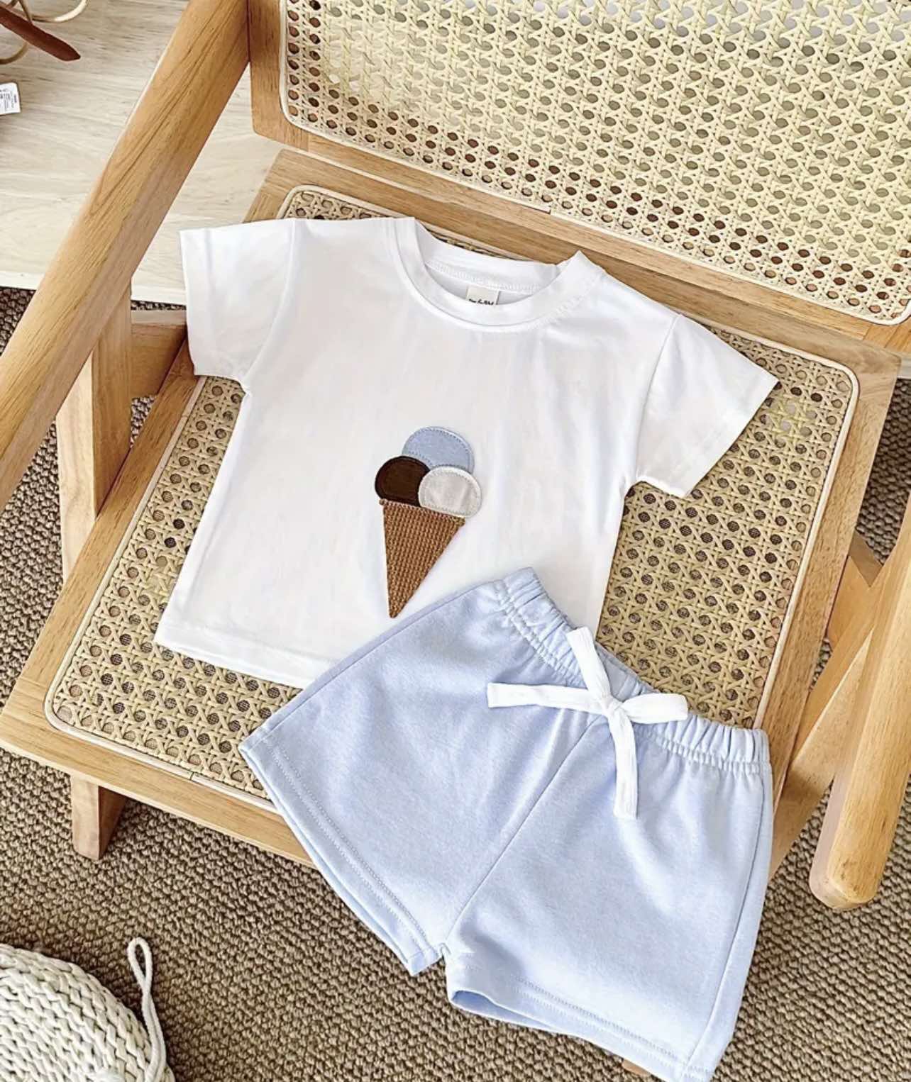 Australia's perfect summer look for kids: cotton ice cream shirt and breathable blue shorts