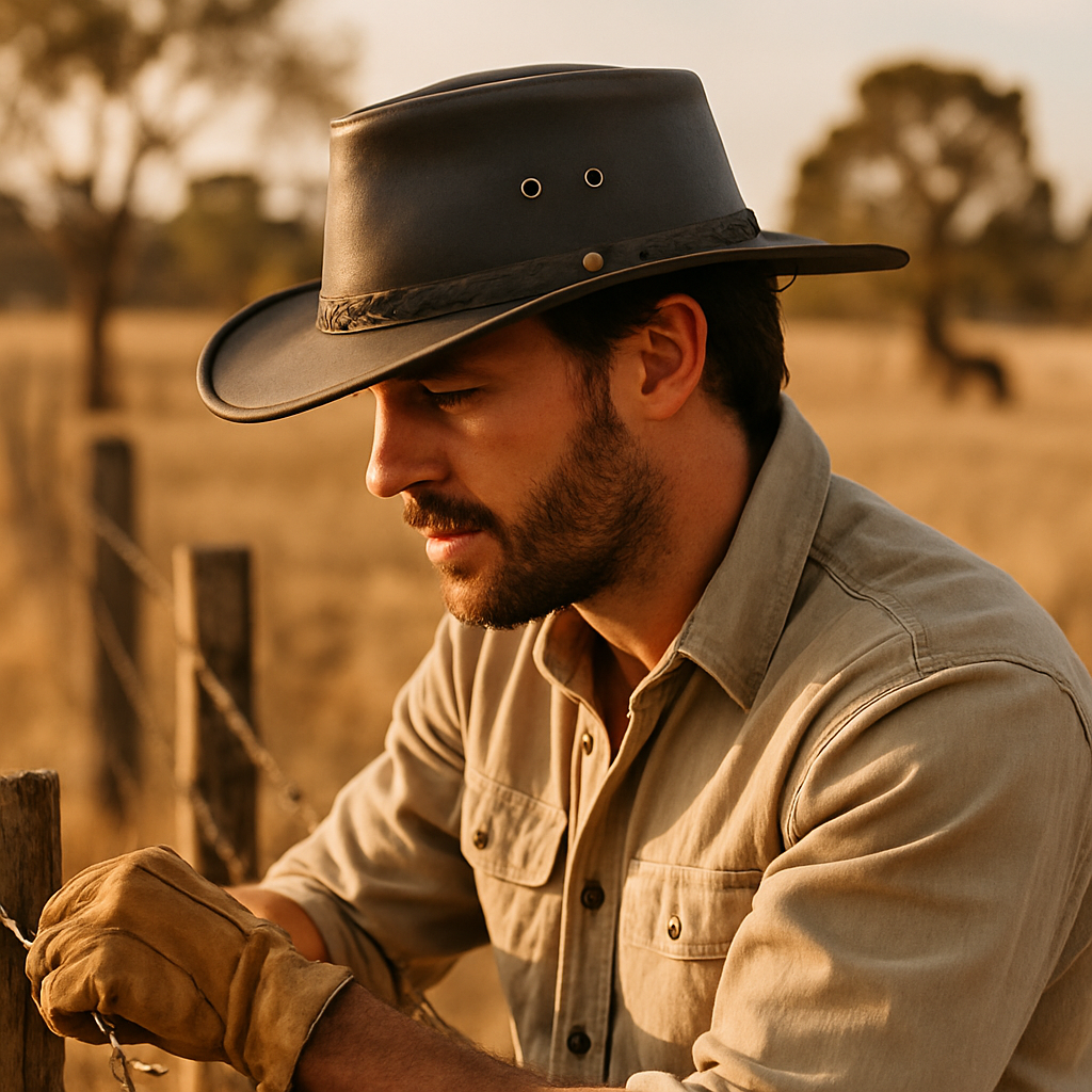 A series of lifestyle photos featuring men and women wearing Barmah leather hats in rugged outback and park settings, showcasing Australian hat fashion, outback style, country fashion, and leather accessories for outdoor and farmwear looks