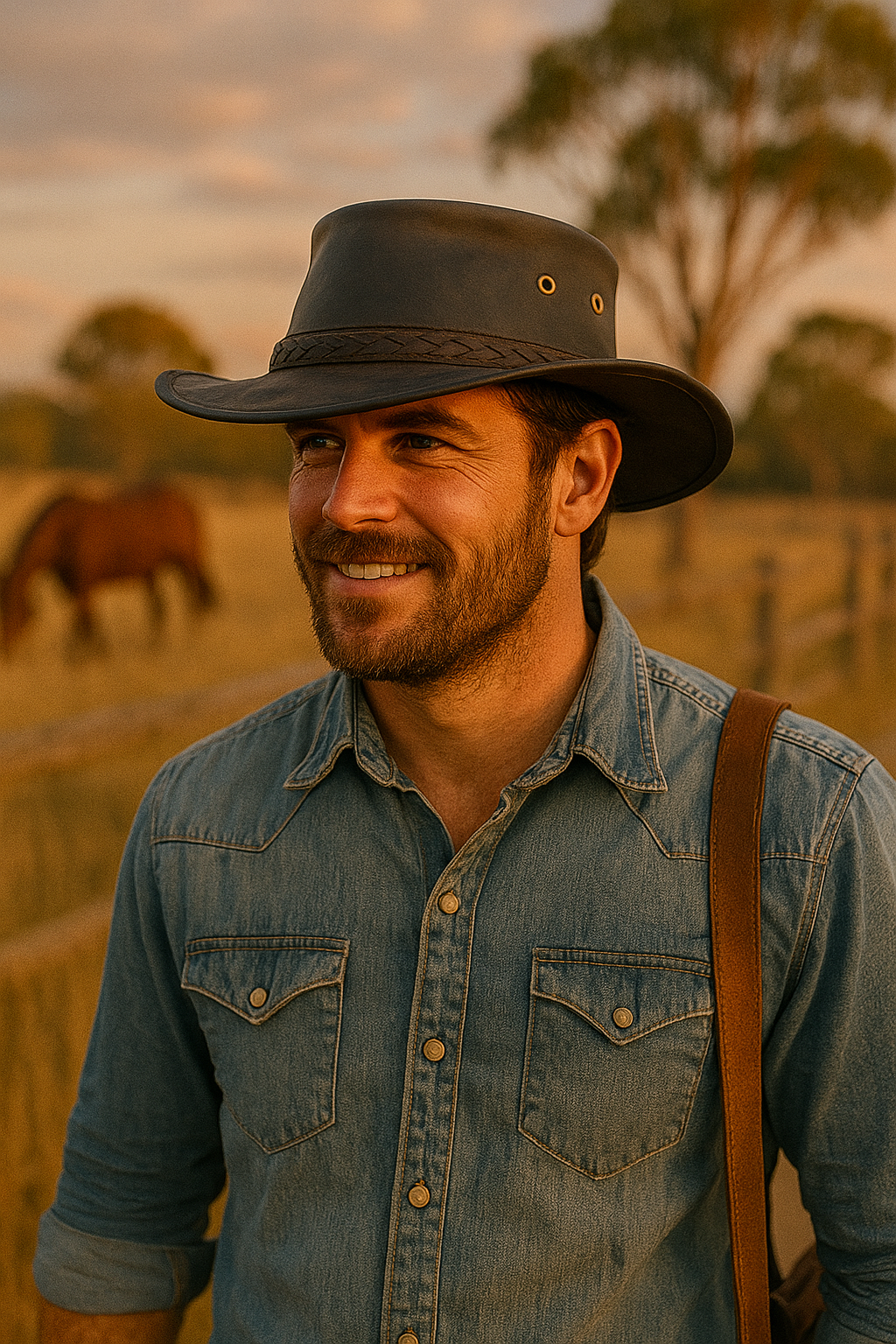 A series of lifestyle photos featuring men and women wearing Barmah leather hats in rugged outback and park settings, showcasing Australian hat fashion, outback style, country fashion, and leather accessories for outdoor and farmwear looks