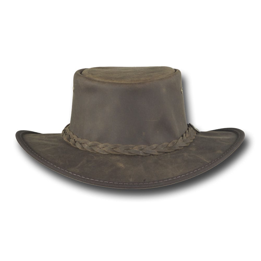 Front view of the Barmah Bronco Hat displaying its 7cm wide brim and rustic, weathered leather – emphasizing the protective sun coverage and stylish, aged appearance