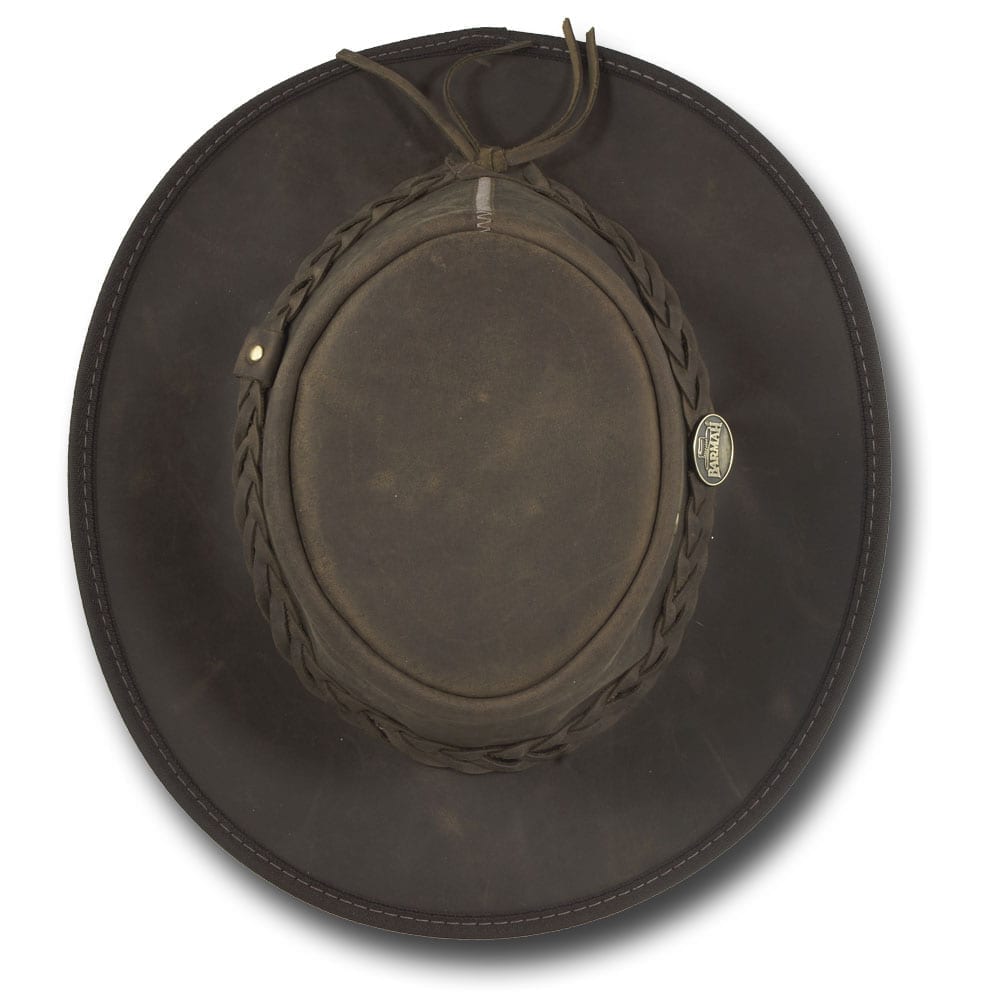 Folded Barmah Foldaway Bronco Hat in dark brown with matching calico travel bag – showcasing its foldable design for easy travel and storage.