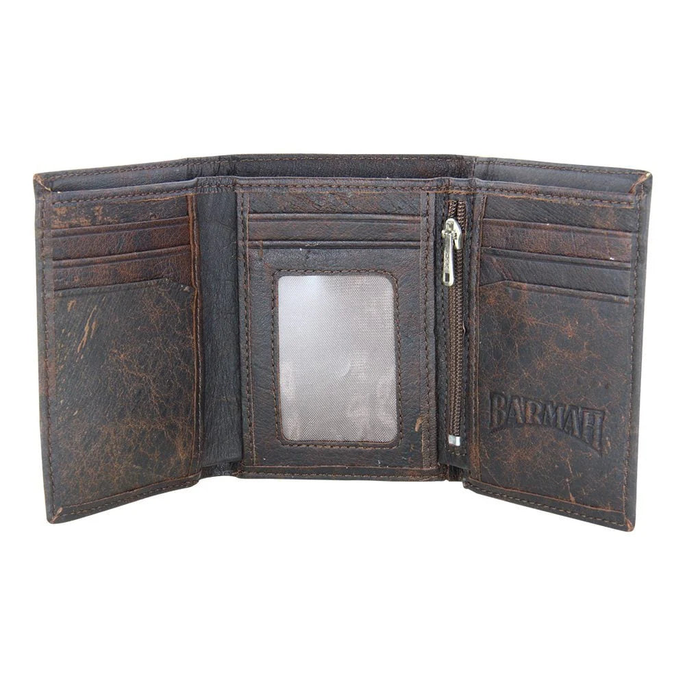 Barmah kangaroo leather wallet styled on aged timber with sunlight catching its rugged, matte finish—emphasising its earthy tones, durable stitching, and naturally unique markings