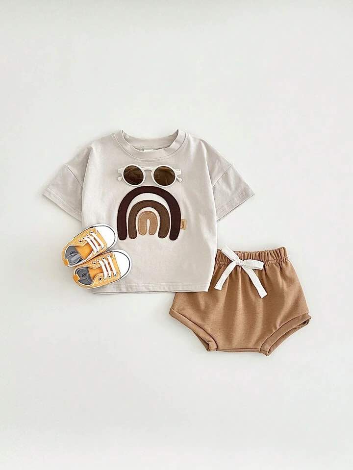 Beige Rainbow Set for Baby Boys: Short Sleeve T-Shirt and Shorts