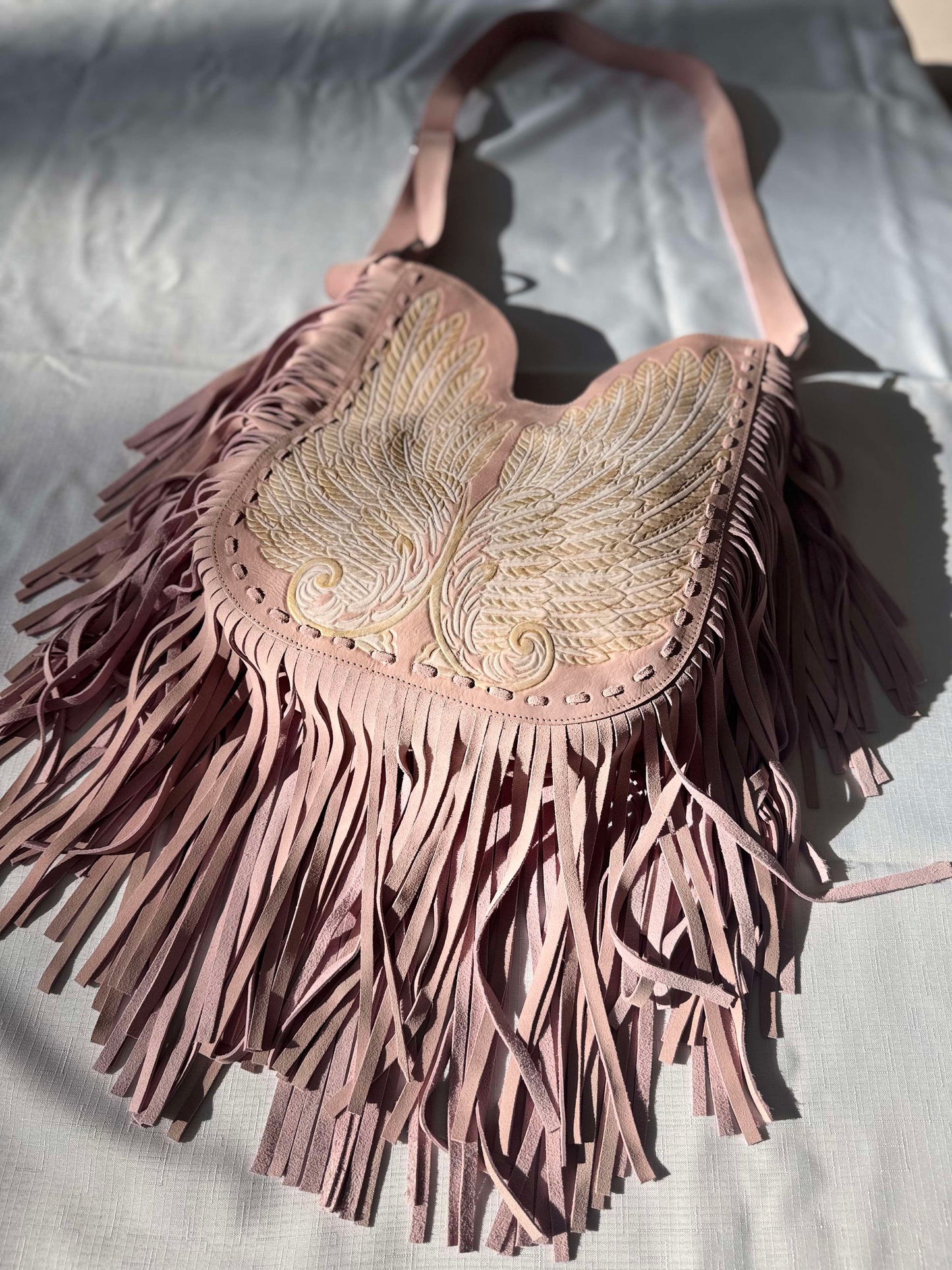 Blush pink leather fringe boho western handbag with embroidered wings – House of Hide Australia