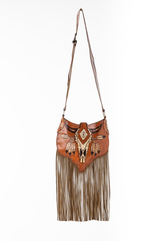 Boho Bronco Fringe Bag in Tan with hand-tooled floral leather and statement fringe, perfect crossbody or shoulder style