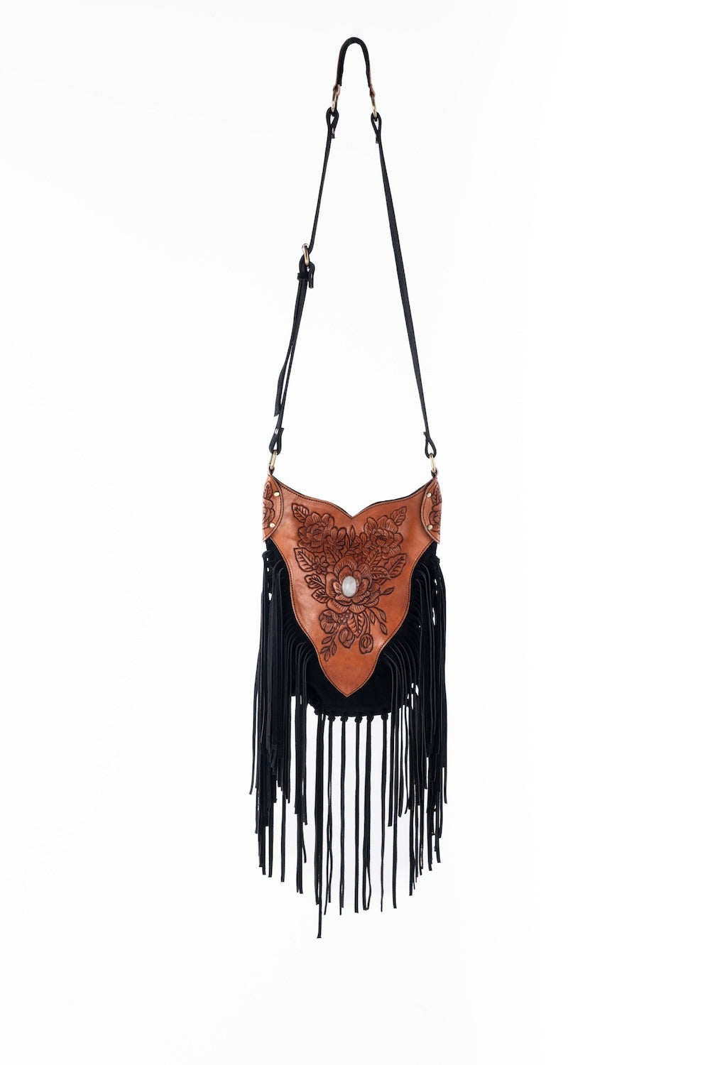 Boho Bronco Fringe Bag in Black with hand-tooled leather and flowing fringe, versatile crossbody or shoulder style.