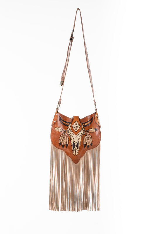 Boho Bronco Fringe Bag in Tan with hand-tooled floral leather and statement fringe, perfect crossbody or shoulder style.