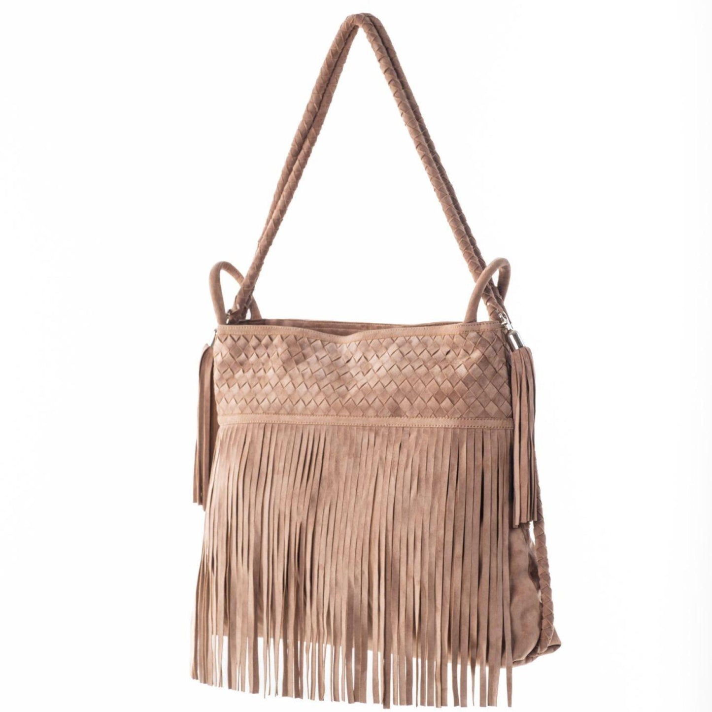 Boho fringe tote with rolled leather straps and woven detailing