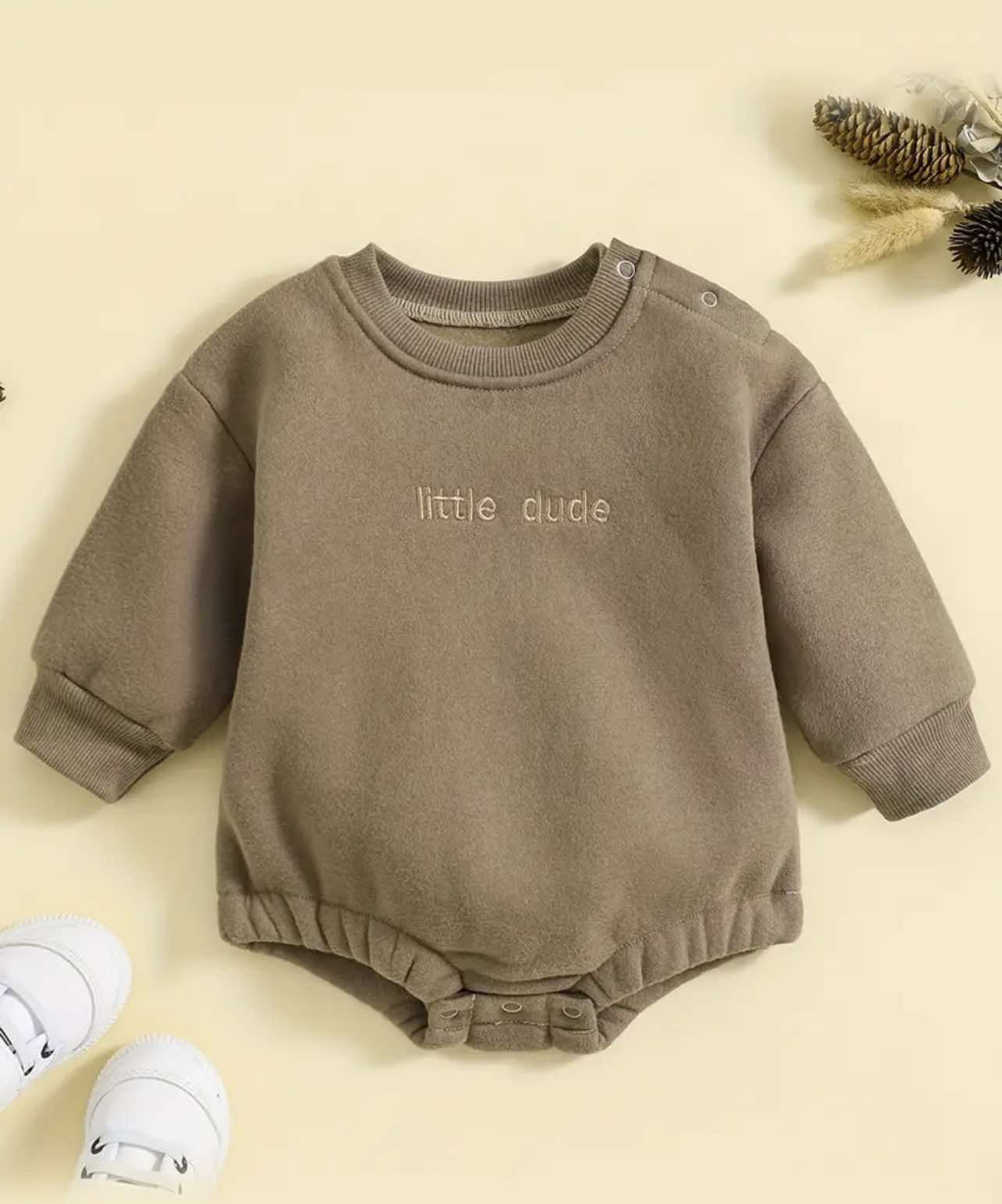 Brown ‘Little Dude’ oversized sweater romper with fleece lining for baby boys