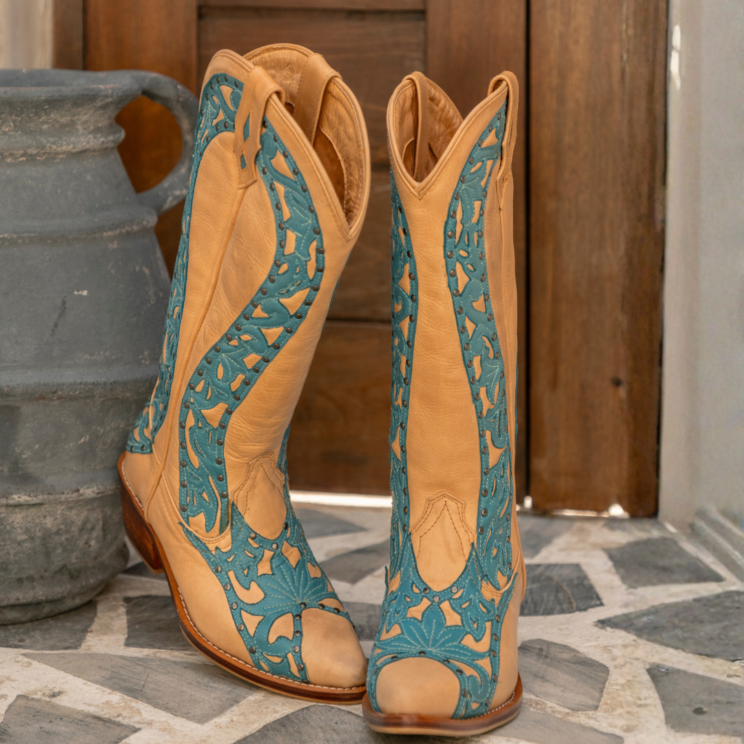 Canyon Bloom Boots genuine leather knee-high Western boots with turquoise overlay