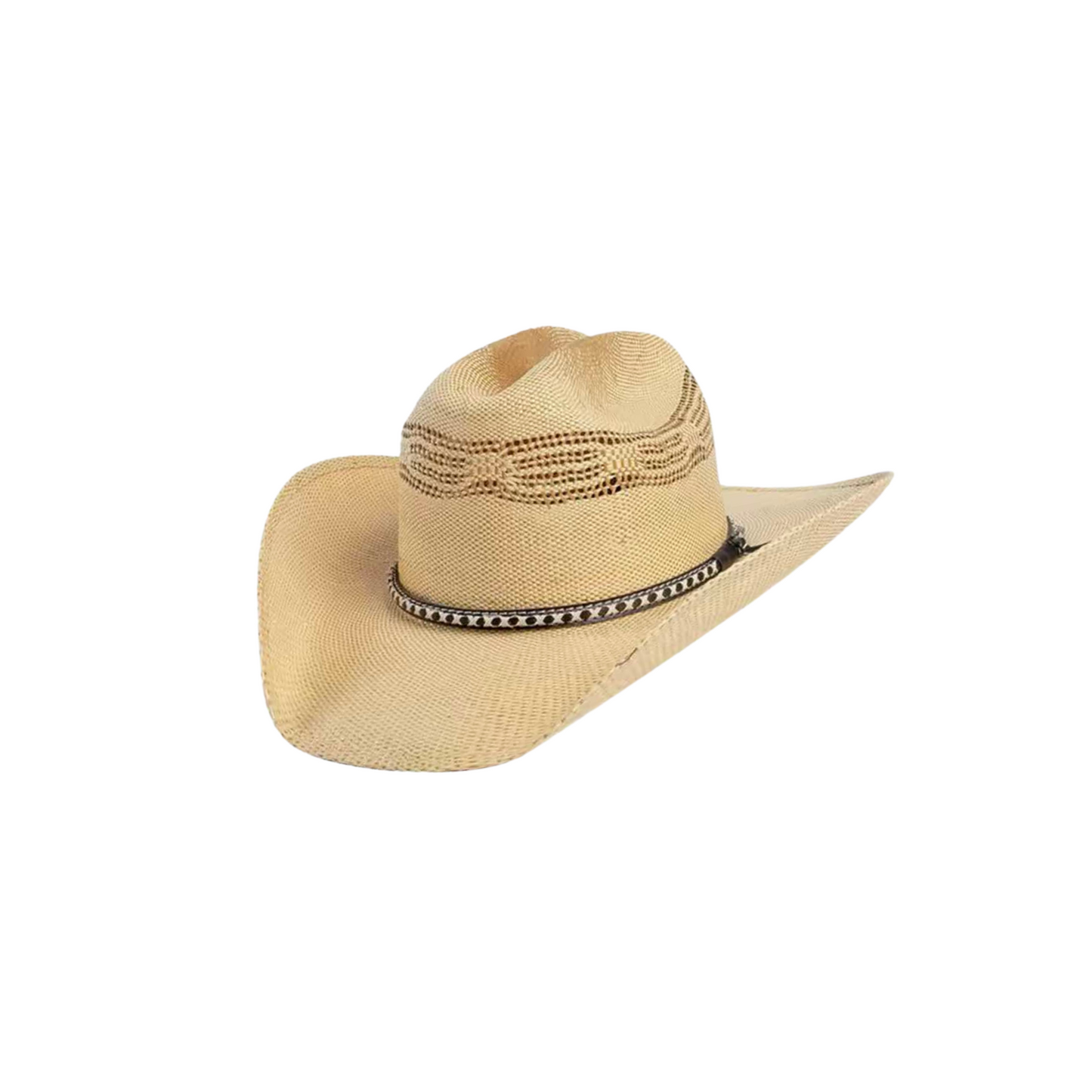 Close-up of straw-coloured cowboy hat band with black and ivory stitched detailing – House of Hide