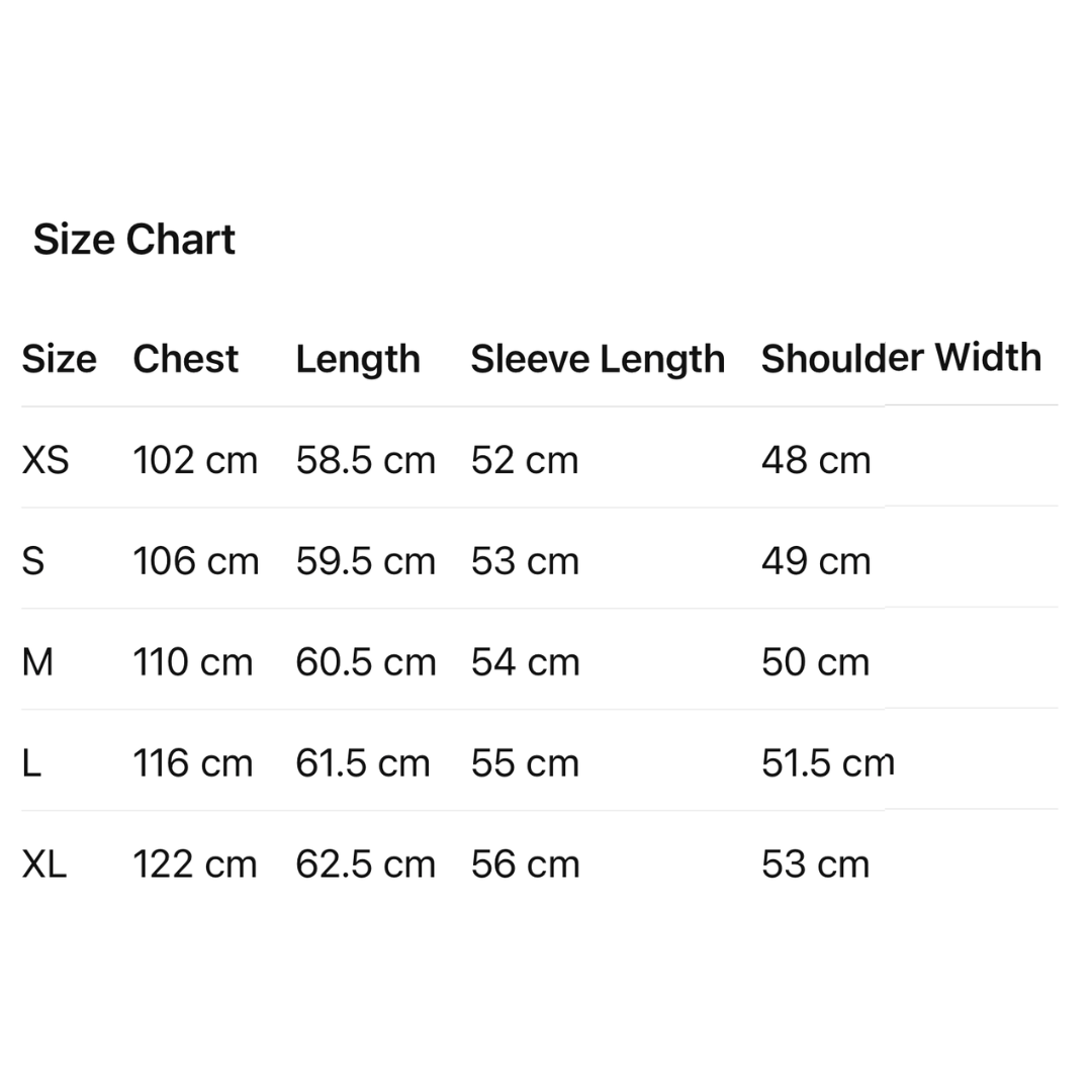 A size chart table showing measurements for sizes XS through XL, with columns for Size, Chest, Length, Sleeve Length, and Shoulder Width in centimeters.