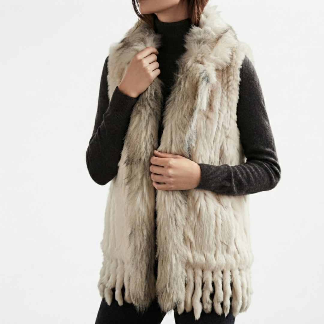 A woman wears Cottontail Fur Vest from House of Hide in soft neutral beige 100% real rabbit fur with plush raccoon fur collar, fringed hem detail, single button closure, lightweight sleeveless silhouette, 62-63cm length being styled in editorial fashion photography over jumper as edgy winter layering piece