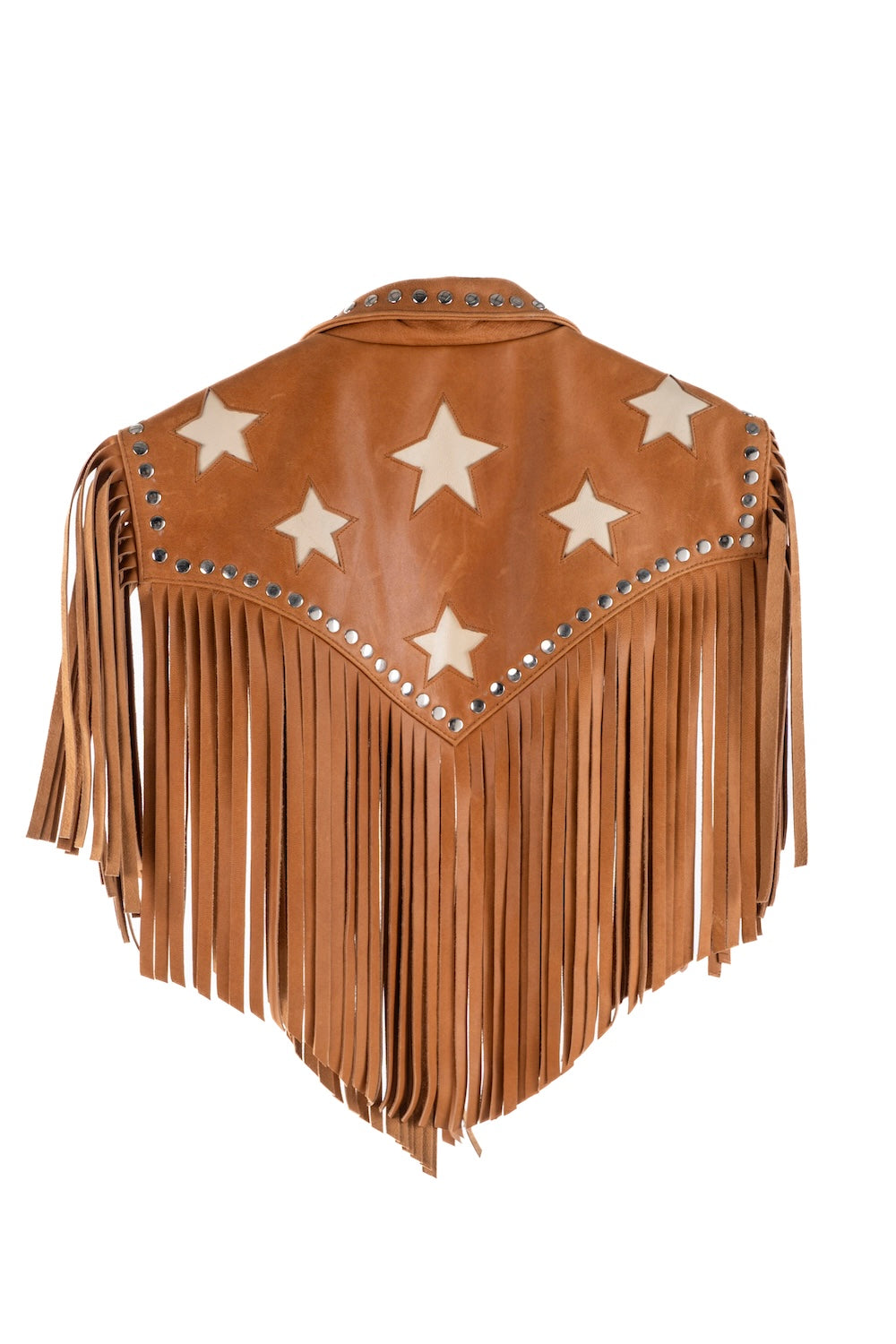 Cropped western cowhide bolero with structured collar, hand-cut fringe, and bold star detail — perfect for rodeo wear in Australia.
