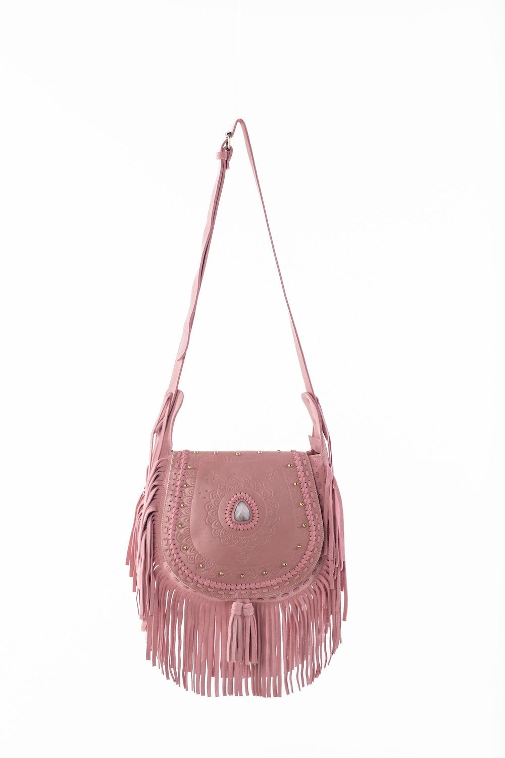 Boho festival crossbody bag in pink cowhide leather with fringe and hand-carved mandala pattern