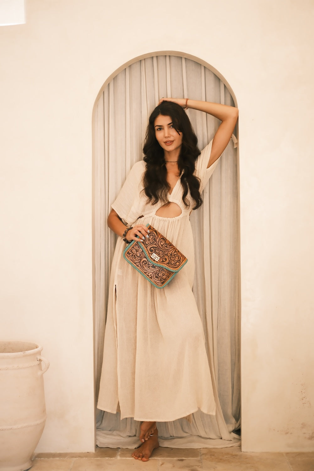 Westerly Leather Clutch | Aqua Woven Edge