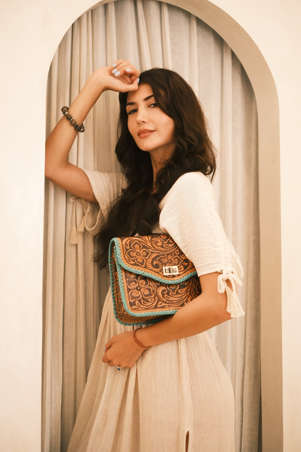 Westerly Leather Clutch | Aqua Woven Edge