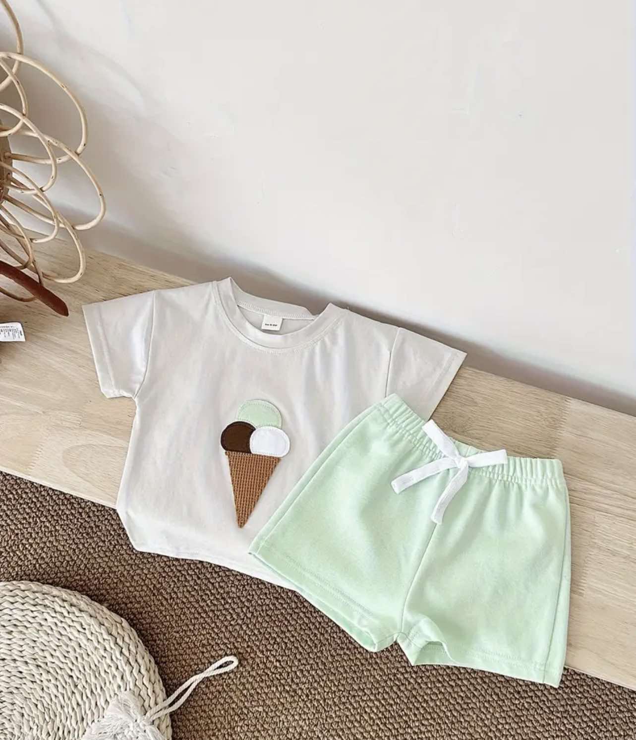 Detailed view of the ice cream applique on the t-shirt, a playful design for Australian babies.