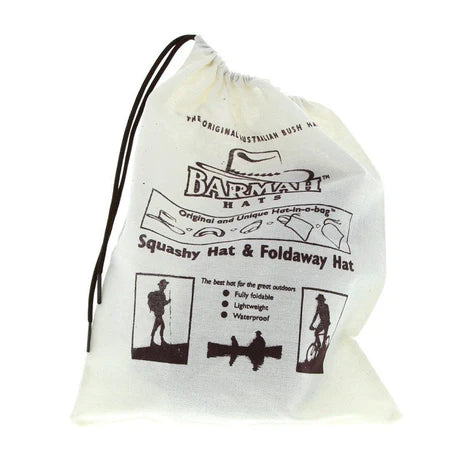 Folded Barmah 1018CR Squashy Kangaroo hat packed in a carry bag. Discover the Barmah Foldaway Suede Hat – durable cattle suede, lightweight, showerproof, and packable. Made in Australia for travel and outdoor adventures.