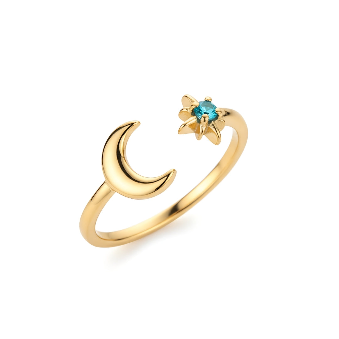 Gold Coral Moon Ring Perth Australia Houseofhide photographed in warm lighting to emphasize gold shine and gemstone glow.
