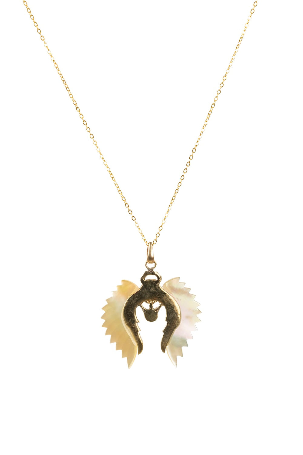 Gold-tone necklace featuring mother-of-pearl wing pendant
