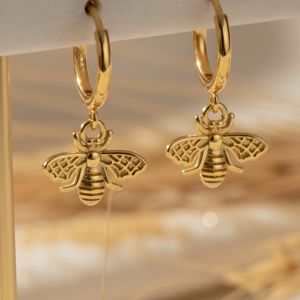 House of Hide Perth Australia Golden Bloom Bee Hoops premium gold-plated earrings with symbolic bee charm and smooth finish