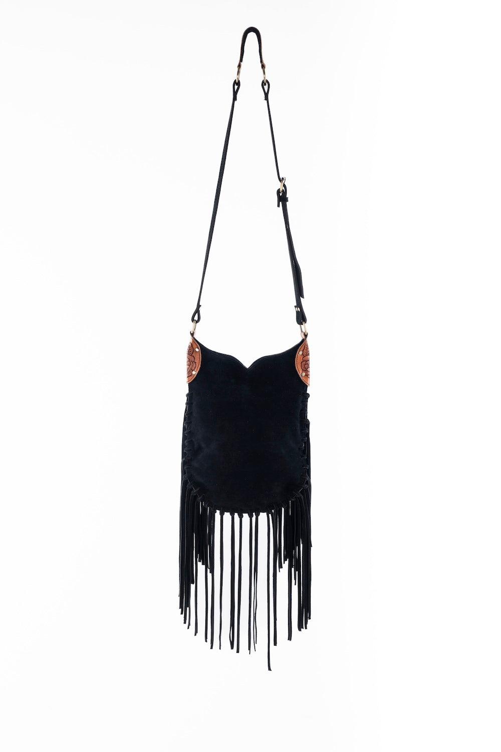 Handcrafted black leather boho fringe bag with statement fringe, zip closure, and internal pocket organisation.