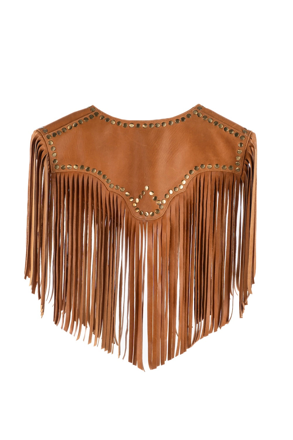 Handcrafted leather bolero with gold studs and hand-cut fringe, worn with denim for modern Australian rodeo fashion. Cropped cowhide bolero with long fringe and gold studded yoke, perfect for country-boho styling and rodeo wear in Australia.
