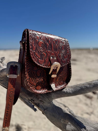 Amelia Crossbody Leather Bag in rich brown leather with hand-tooled floral embossing