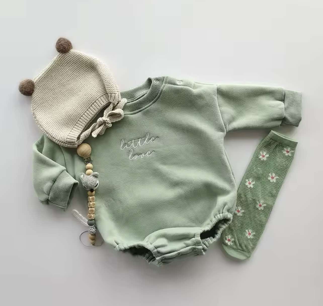 Little Love Bubble Romper in Sage with 'Little Love' embroidery, displayed