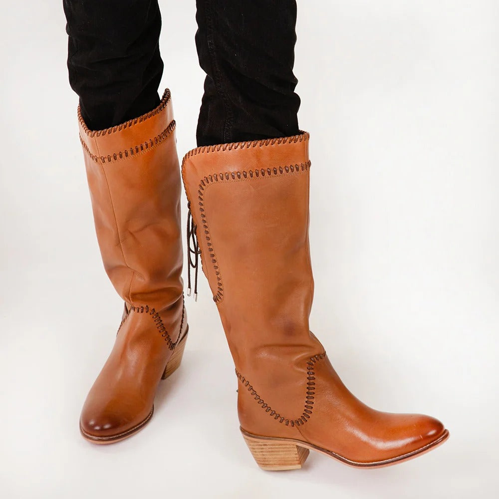 House of Hide genuine leather brown knee-high cowboy boots featuring a classic western silhouette displayed on a white background