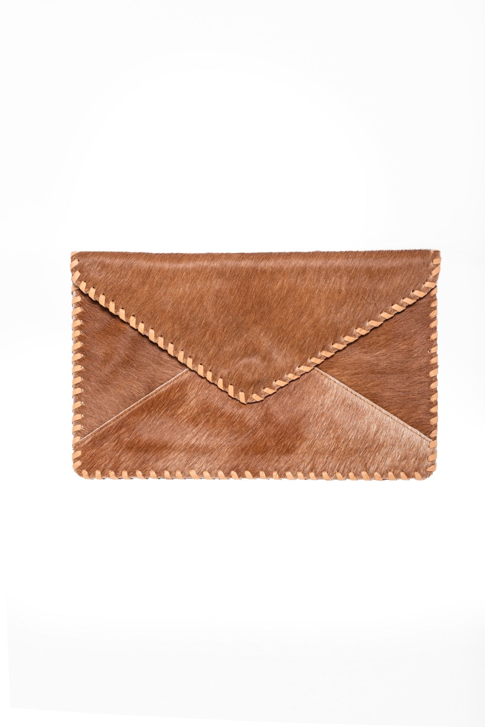 Natural tan cowhide envelope clutch with whipstitch trim, handcrafted leather bag with zippered interior and boho Western style.