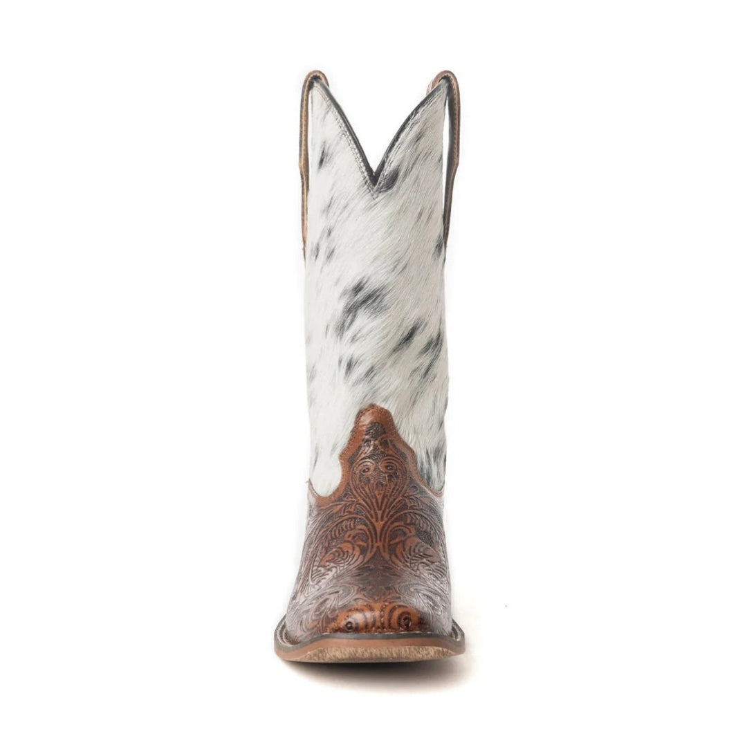Front view of a Savanna cowboy boot with a square toe, floral-tooled brown leather and white speckled cowhide shaft.