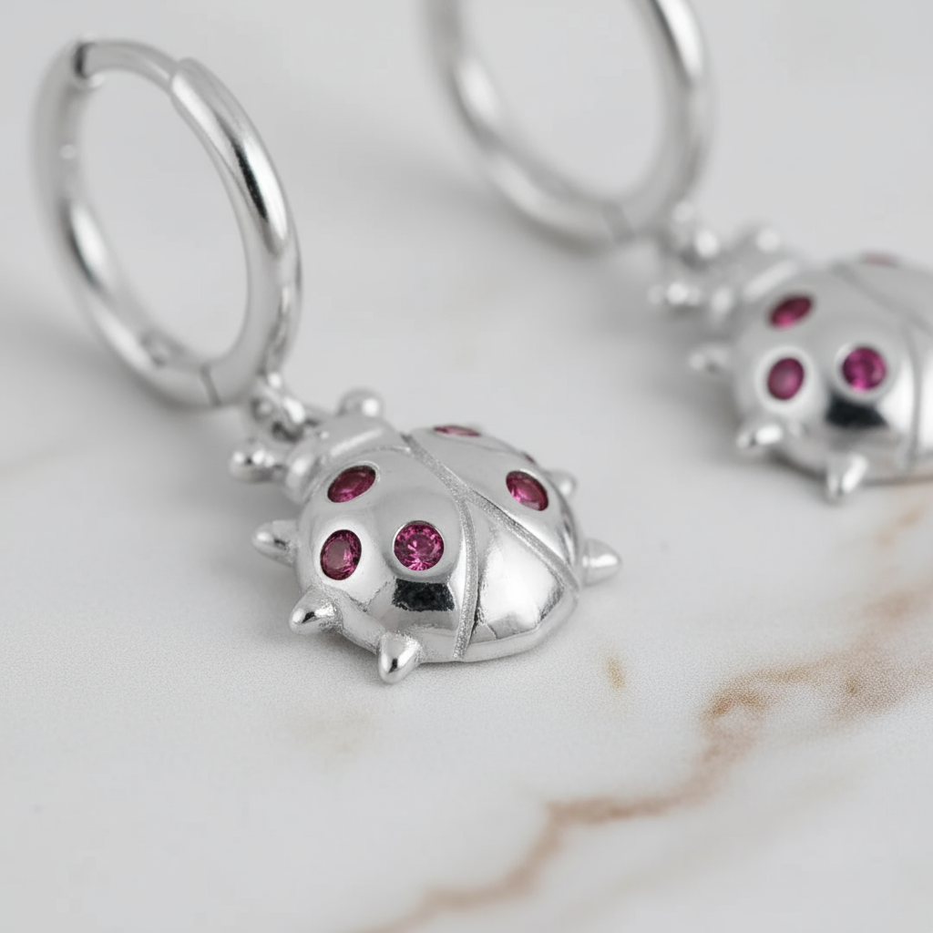 Scarlet Beetle Silver Hoops Perth Australia House of Hide artistic silver earrings with sparkling red beetle motif