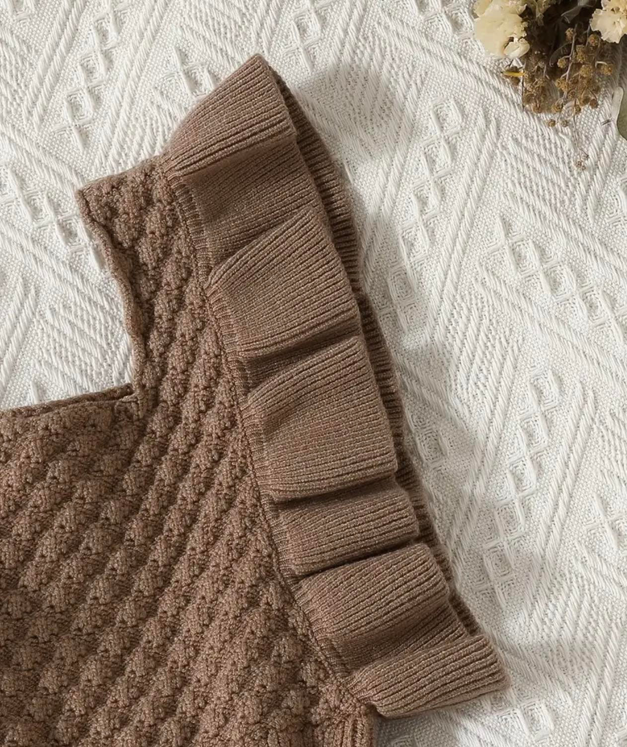 Soft and stylish chocolate knit ruffle jumpsuit and headband set