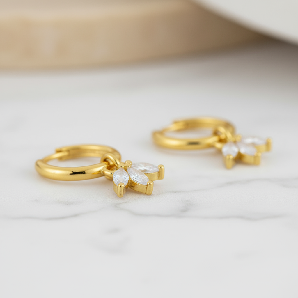 House of Hide Perth Australia Summer Petal Drop Hoops polished gold hoops with delicate zircon petal pendants