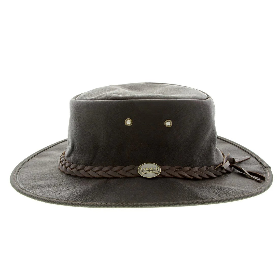 Barmah Sundowner Kangaroo Leather Hat in Dark Brown, demonstrating its stylish look and sun protection features during an outdoor adventure.