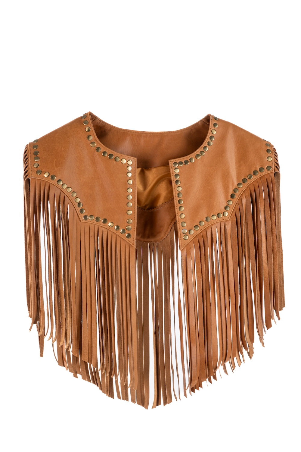 Tan cowhide leather fringe bolero with silver studs, styled for rodeo wear in Australia.