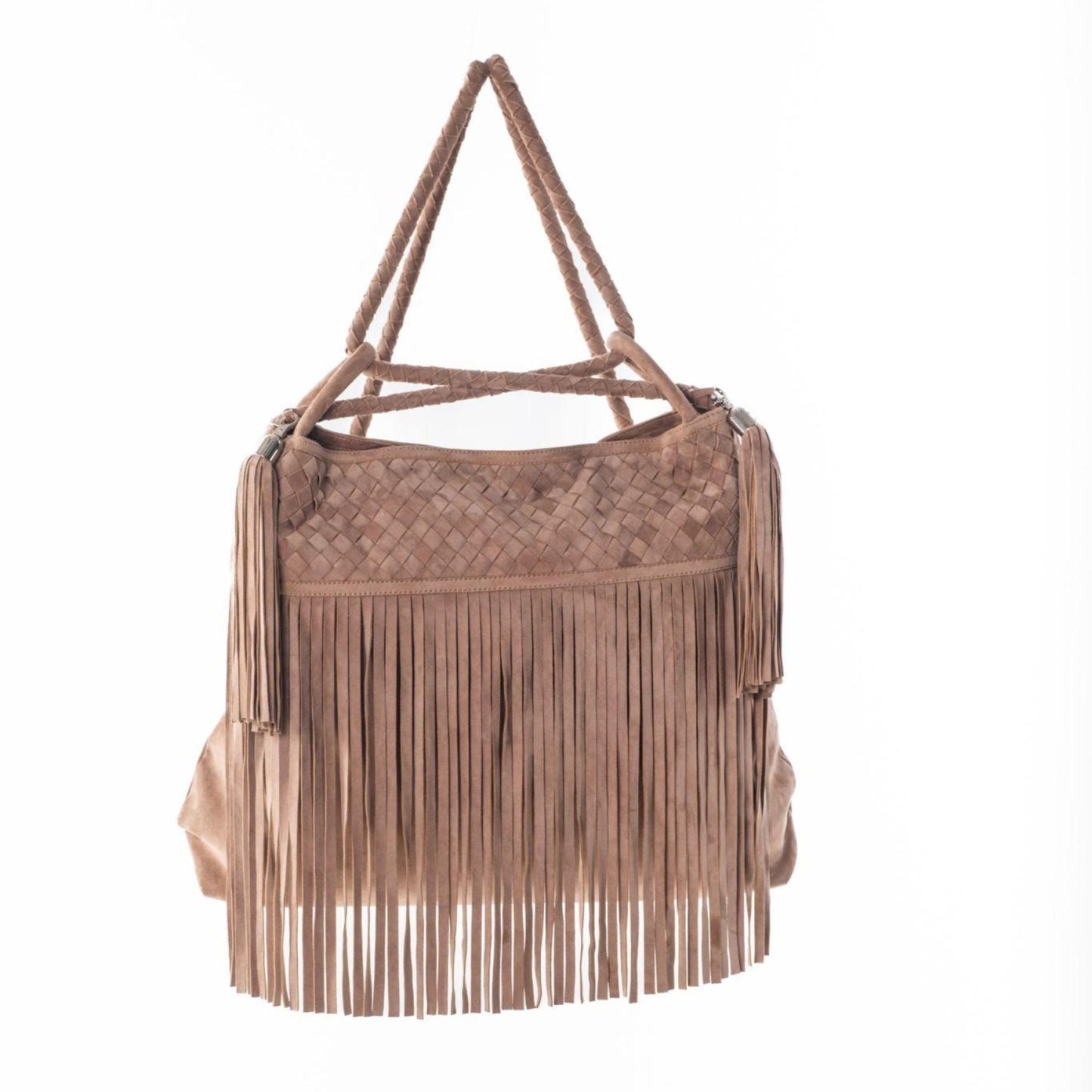 Tan lamb suede fringe tote with handwoven leather panel
