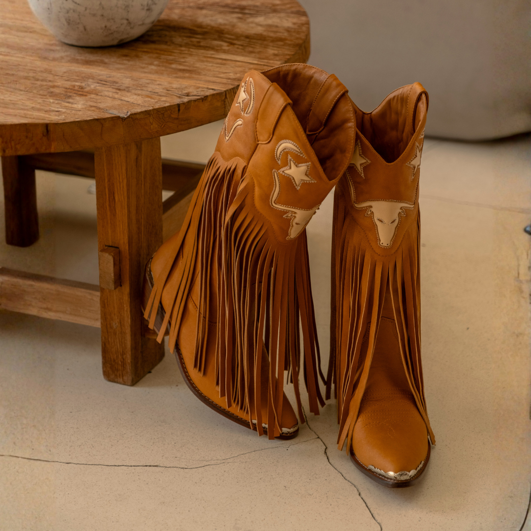 Tan leather Frontier Fringe cowboy boots
