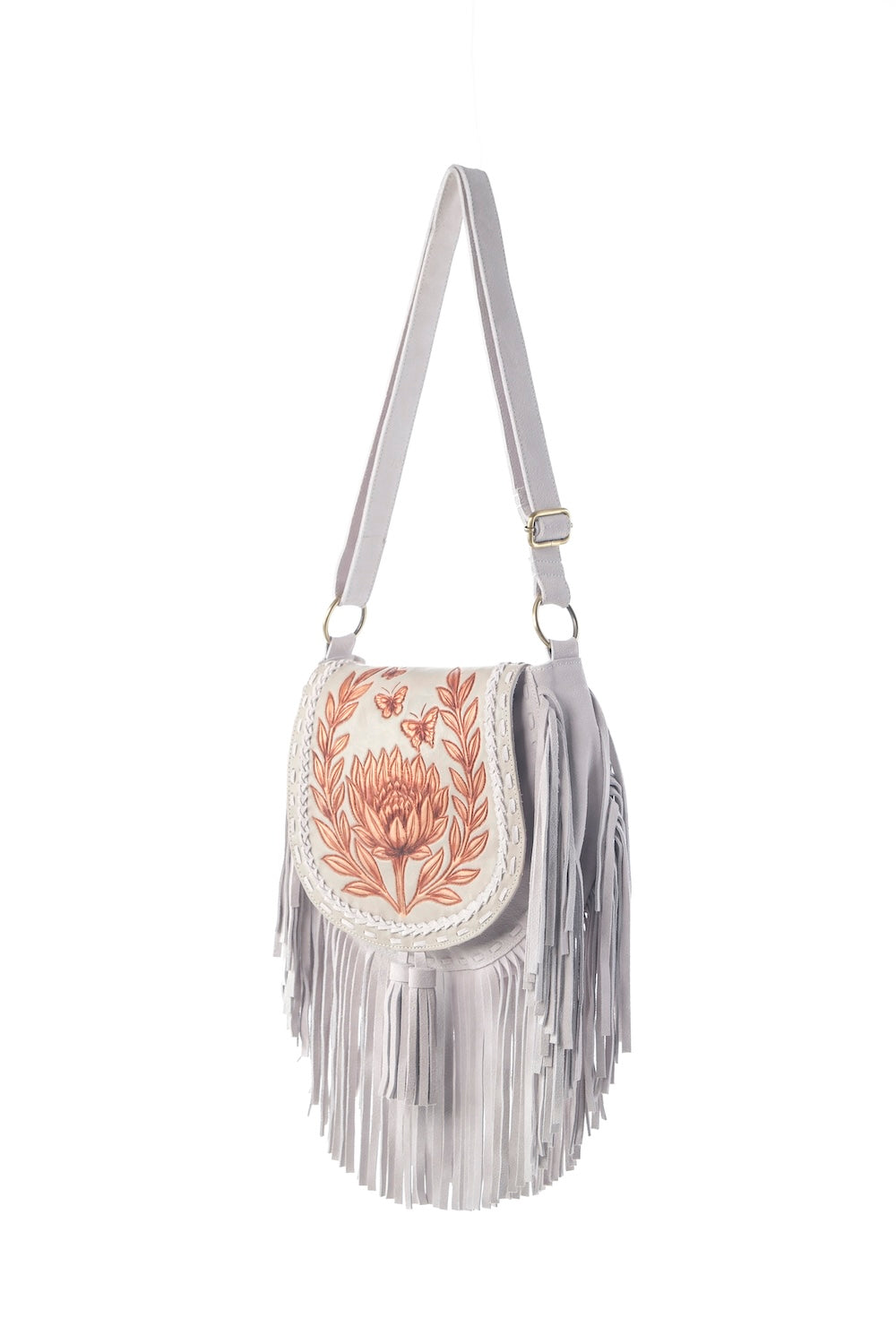The Protea Bloom Bag white boho fringe bag