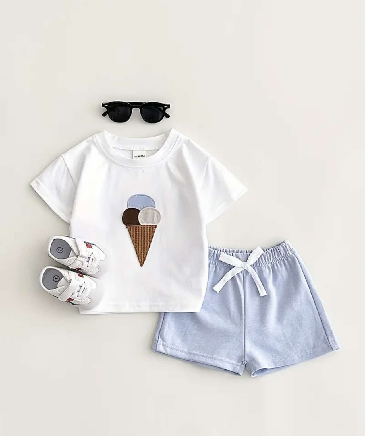 Toddler boy’s summer outfit for Australia, featuring a playful ice cream applique shirt.