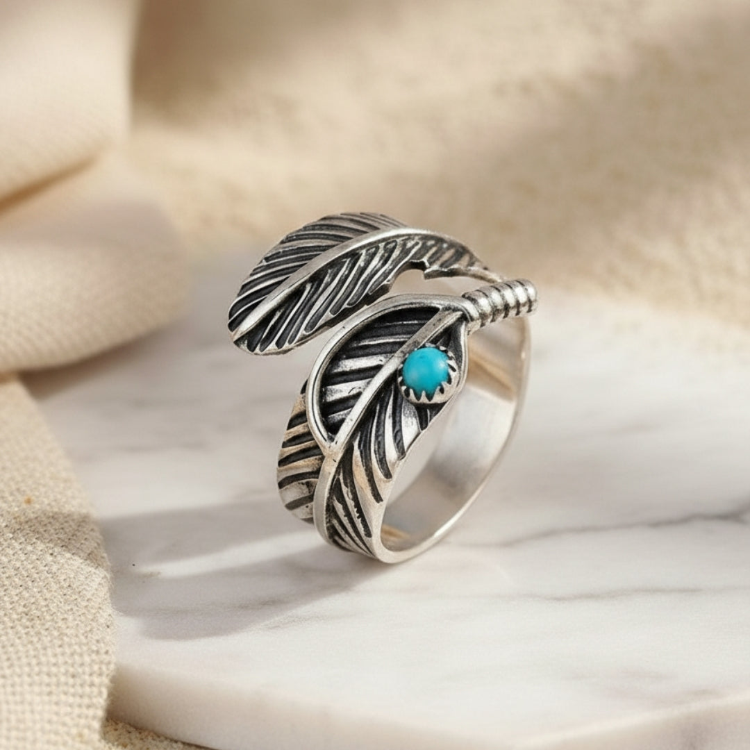 Handcrafted Turquoise Dream Feather Ring Perth Australia House of Hide boho-inspired jewellery