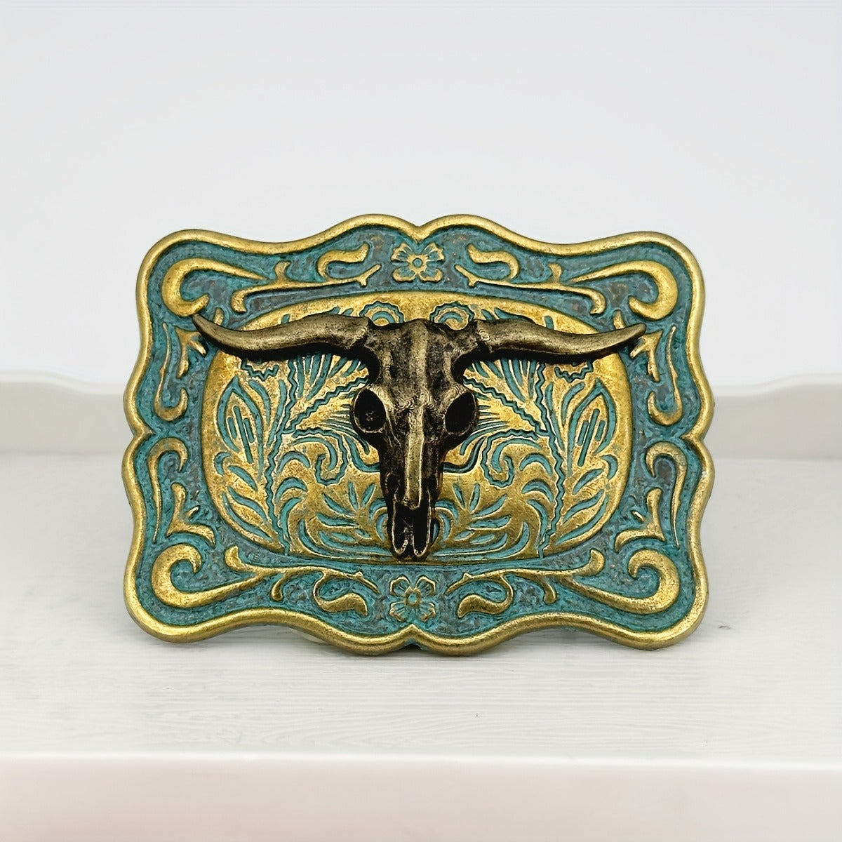 Western Regal Rustler Buckle Perth Australia House of Hide handcrafted metal belt buckle with turquoise longhorn centerpiece